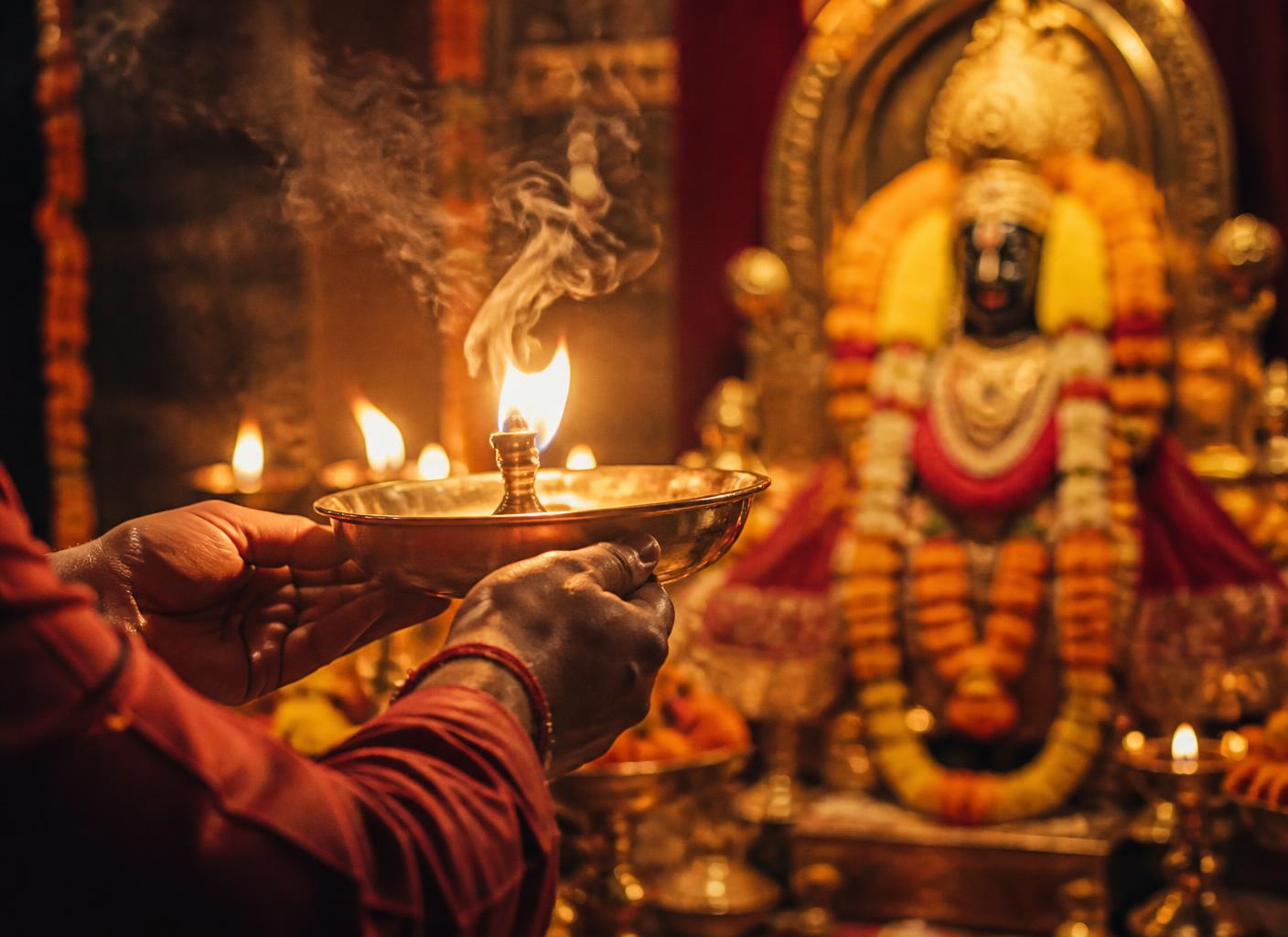 Traditional temple aarti performed with a camphor flame